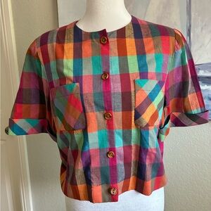 Vintage Retro 70s Multicolor Plaid Short-Sleeve Button Front Top - Women